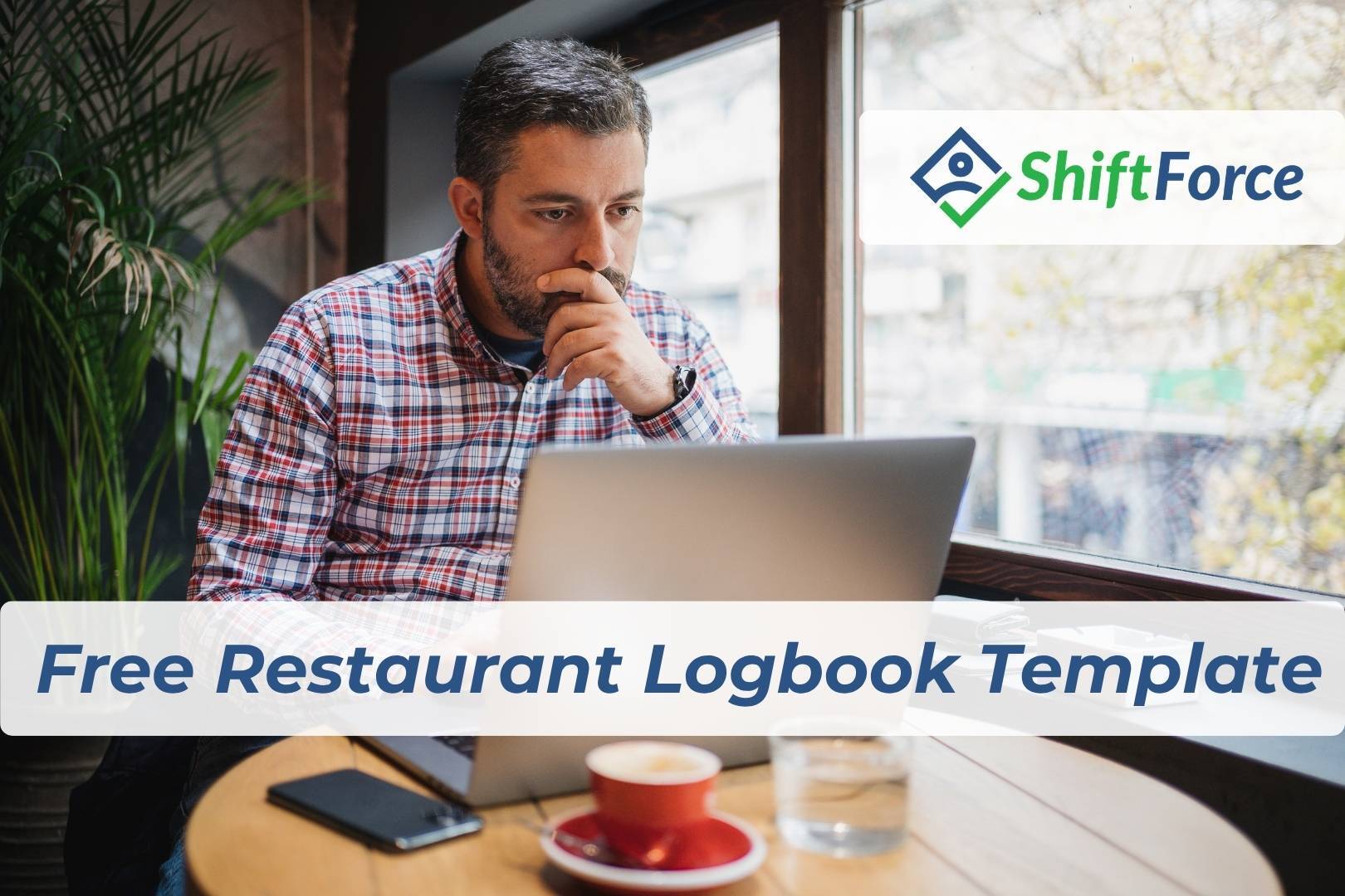 Free Restaurant Manager Logbook Template download image of restaurant manager using his laptop with a cup of coffee making an informed decision with a logbook template on his screen.